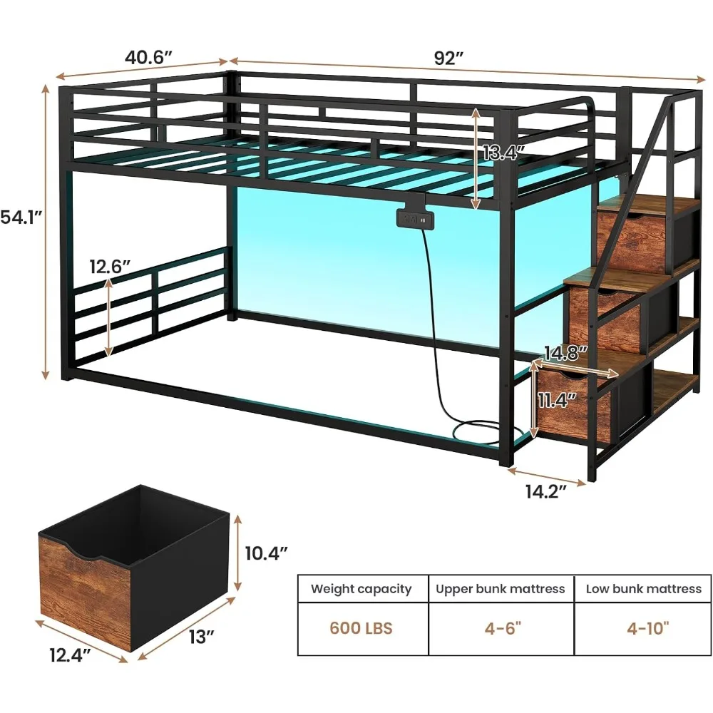 Low Bunk Bed Twin Over Twin with Storage Staircase, Drawers & Shelves, RGB LED Lights Metal Floor Bunk with Power Outlet