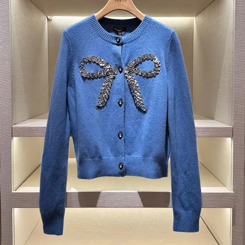 Autumn New Exquisite Beads Bow Sweaters Women Clothing Vintage Loose O-neck Tops Fashion Commute Short Style Knitted Cardigan