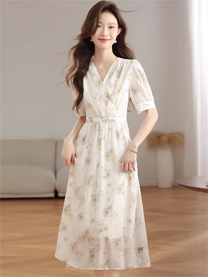 فستان نسائي صيفي فرنسي لفترة الشاي لعام 2025 - فستان شيفون مزين بالورود |   فستان طويل لحفلات الشاطئ وحفلات الزفاف في الحديقة |   وصول جديد G43