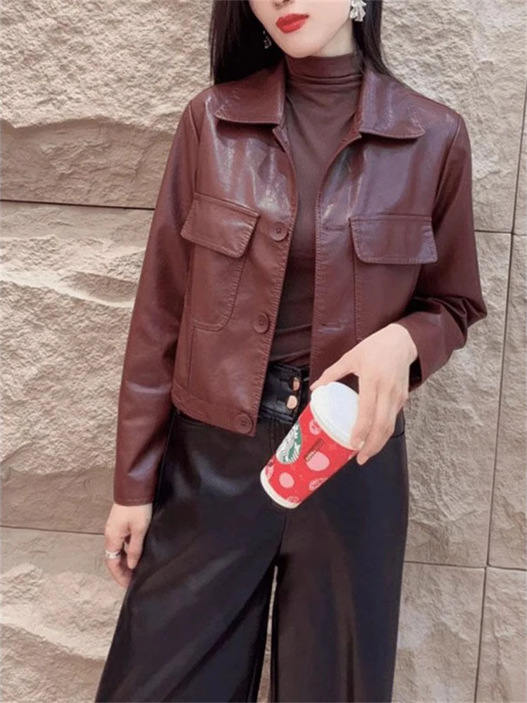 Jaqueta Feminina de Couro Macio e Moderna, Solta, com Gola Virada, Nova Coleção de Outono, Elegante e Casual para o Dia a Dia
