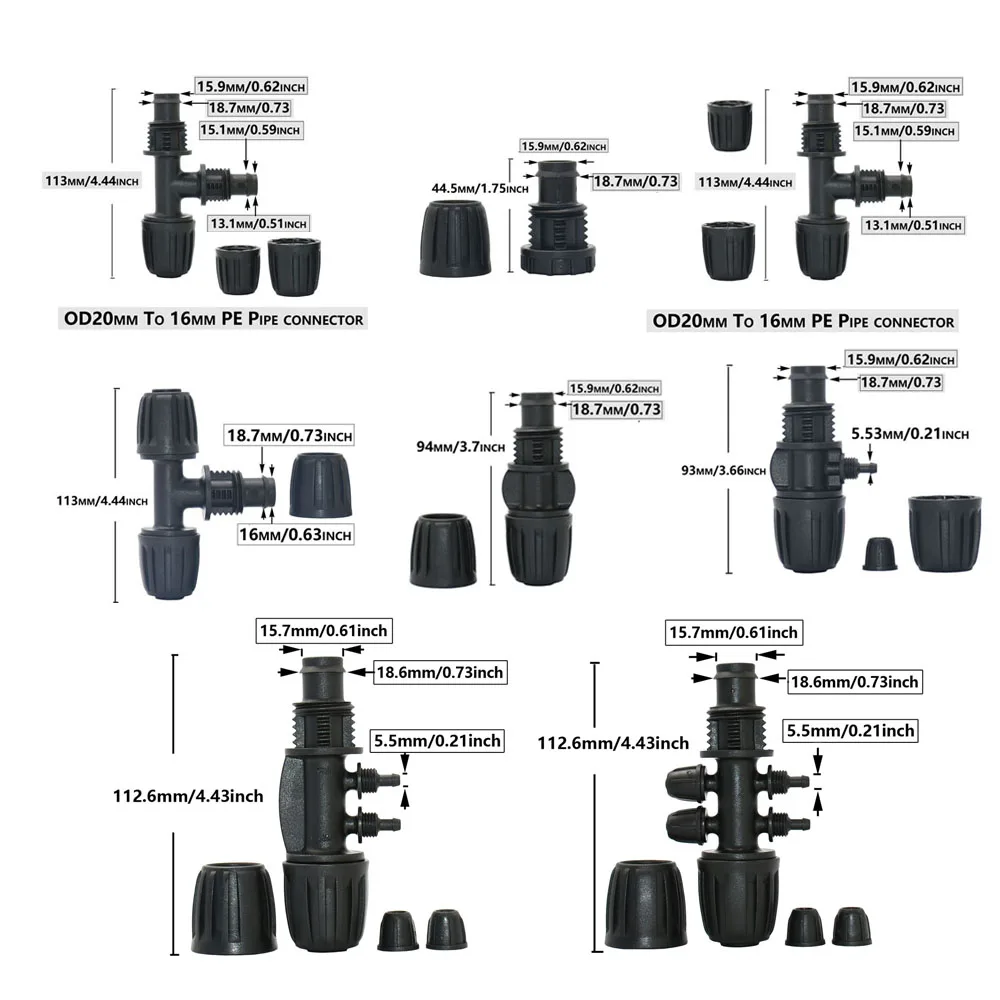 20mm To 4mm PE Pipe Locked Connector Tee Water Splitter Elbow Straight End Plug Reducer Connector 1/2/4-Way Fittings