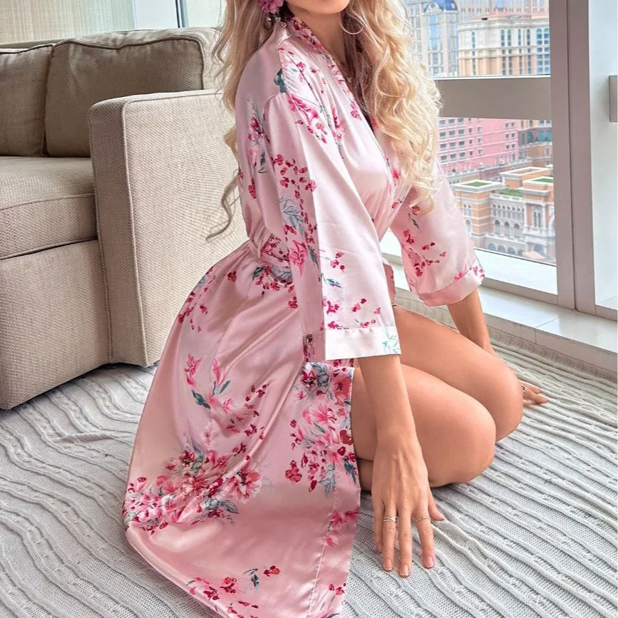 

2025 new pink printed lace-up nightgown medium sleeve v-neck imitation silk nightgown sexy and comfortable casual loungewear