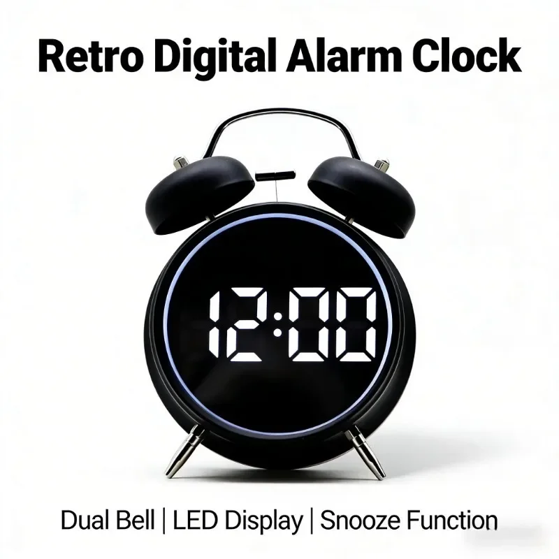 For Heavy Sleepers Adults Kids Digital Alarm Clock Metal Double Bell Bedside Alarm with LED Display Silent Metal Table Clock