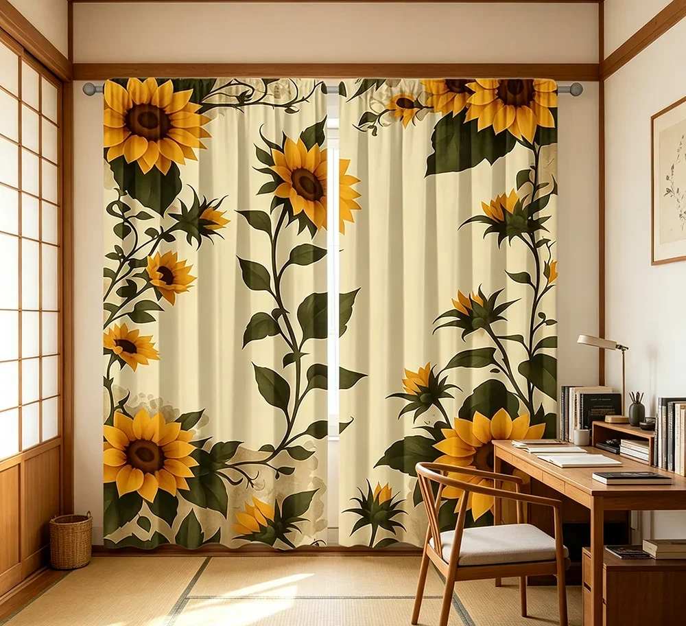 2PCS Digital Printed Curtains, Vintage Sunflower Retro 70s Boho Floral, Rod Pocket Window Drapes for Living Room Bedroom Decor
