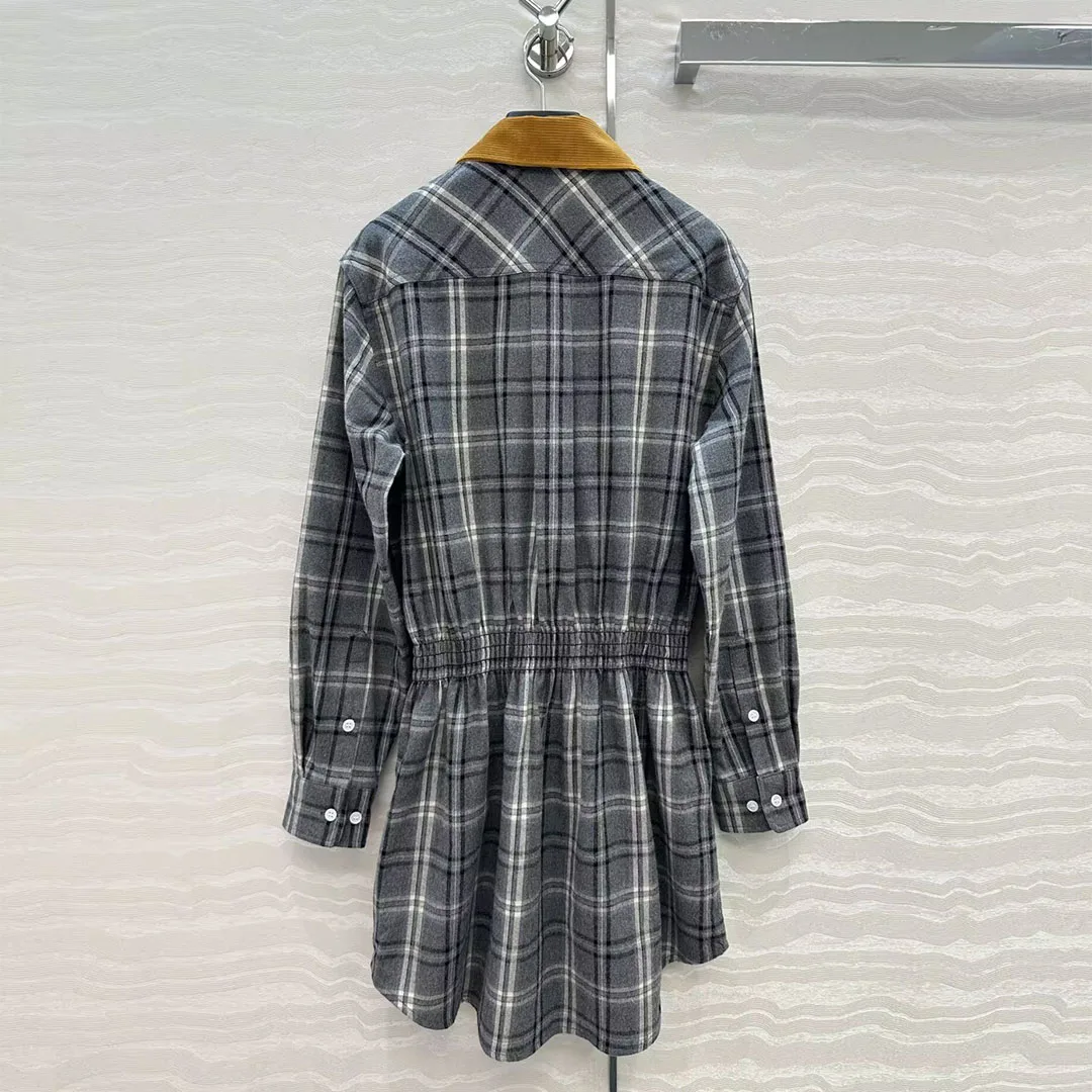 Preppy Style Vintage Grau Kariertes Minikleid Damen Cord Gespleißtes Revers Langarm Vordertaschen Elastische Taille Hemdkleider