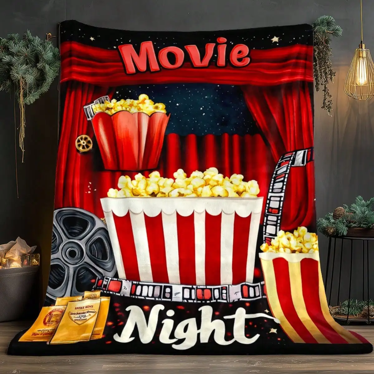Movie Night Flannel Blankets & Throws Cinema Curtain Popcorn Film Reel Film Strip for Movie Lovers Adults Family for Bed Sofa Throw Nap Blanket Christmas Halloween Thanksgiving Birthday Anniversary Gift