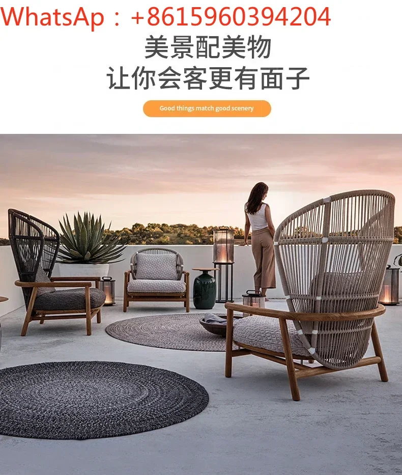 Outdoor balcony teak leisure rattan sofa designer model house high back rattan chair coffee table courtyard villa combination