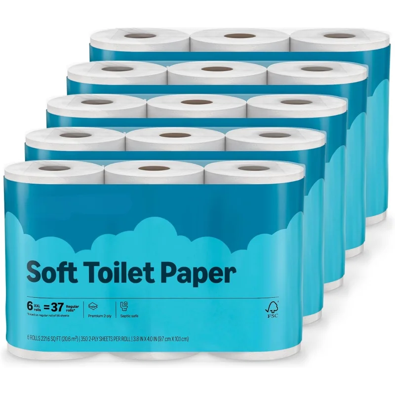 2-lagiges weiches Toilettenpapier, 30 Rollen (5 Packungen à 6), entspricht 185 normale Rollen, Verpackung kann variieren
