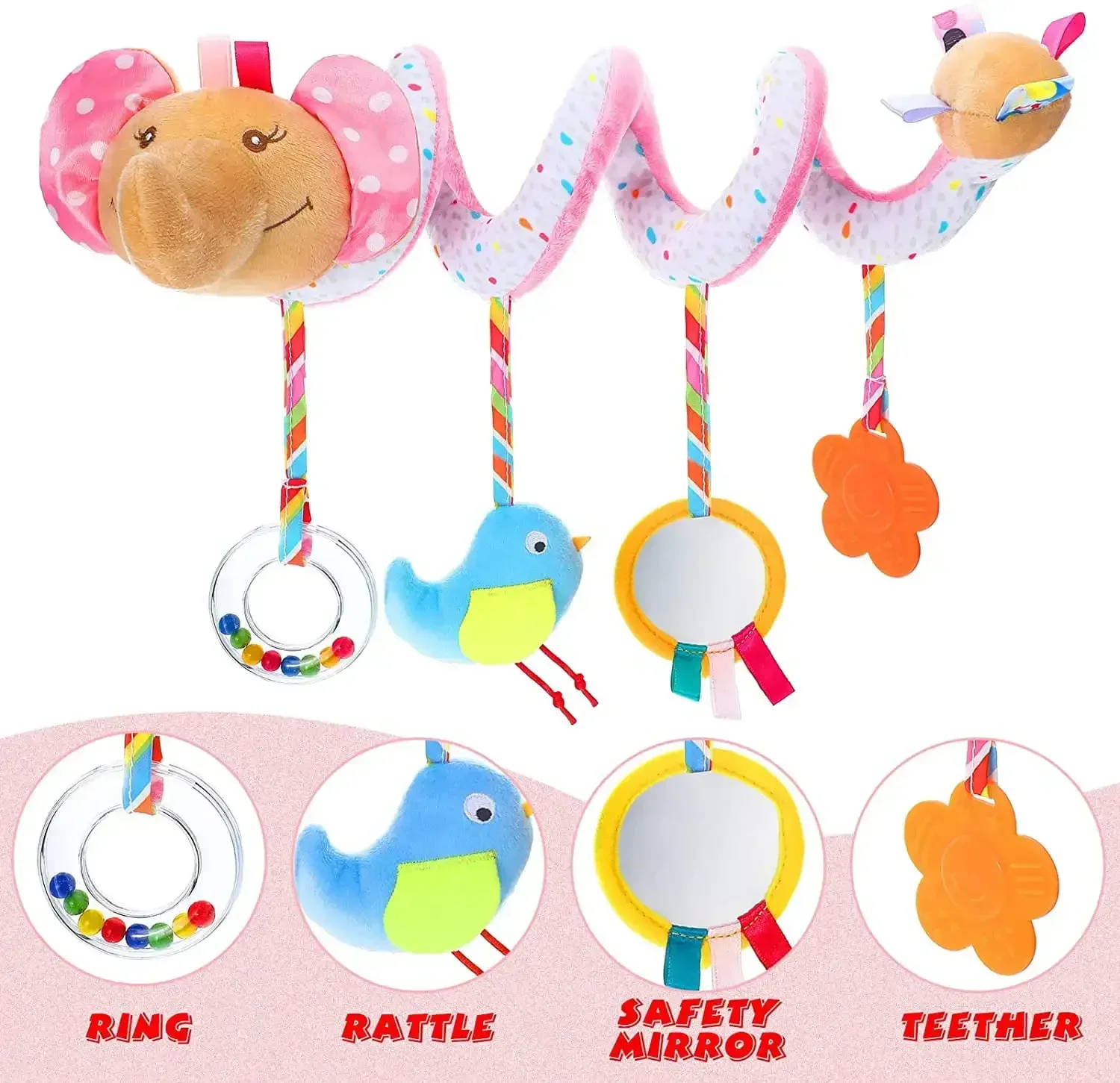 Zabawki do fotelika samochodowego Spiralna zabawka do fotelika dla niemowląt Zabawki do wózka dziecięcego Spiralna pluszowa zabawka do zawieszenia na łóżeczko do aktywizacji podczas podróży samochodem