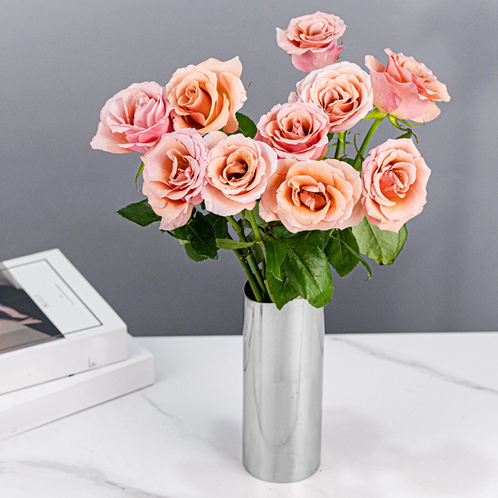Stainless Steel Vase Slant Mouth Modern Cylinder Flower Vase for Fresh Flowers and Hydroponic Plants for Desktop Decoration