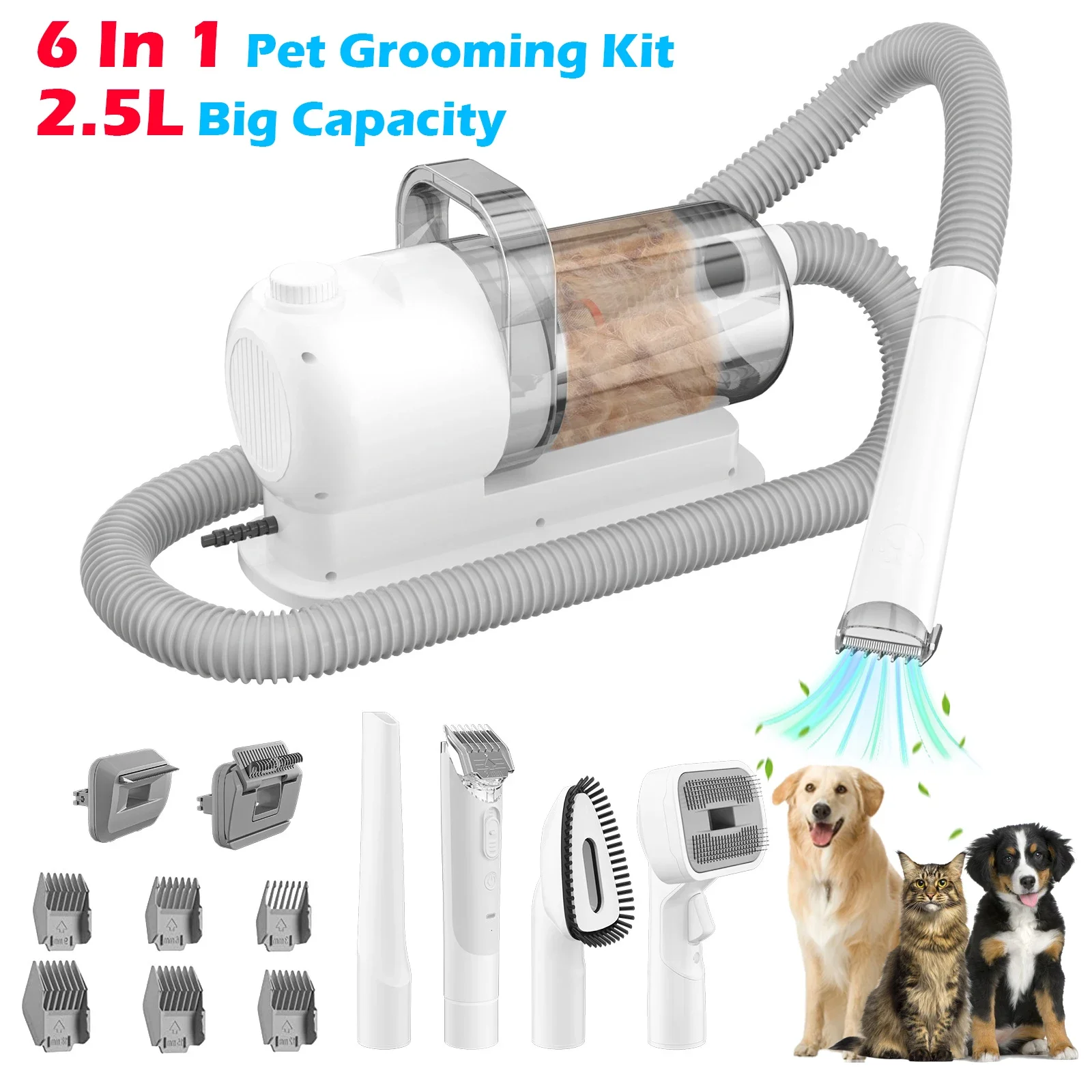 

6 In 1 Dog Hair Vacuum & Cat Dog Grooming Kit Pet Grooming Vacuum with 2.5L Capacity Large Suction & Low Noise Pet Hair Cleaner