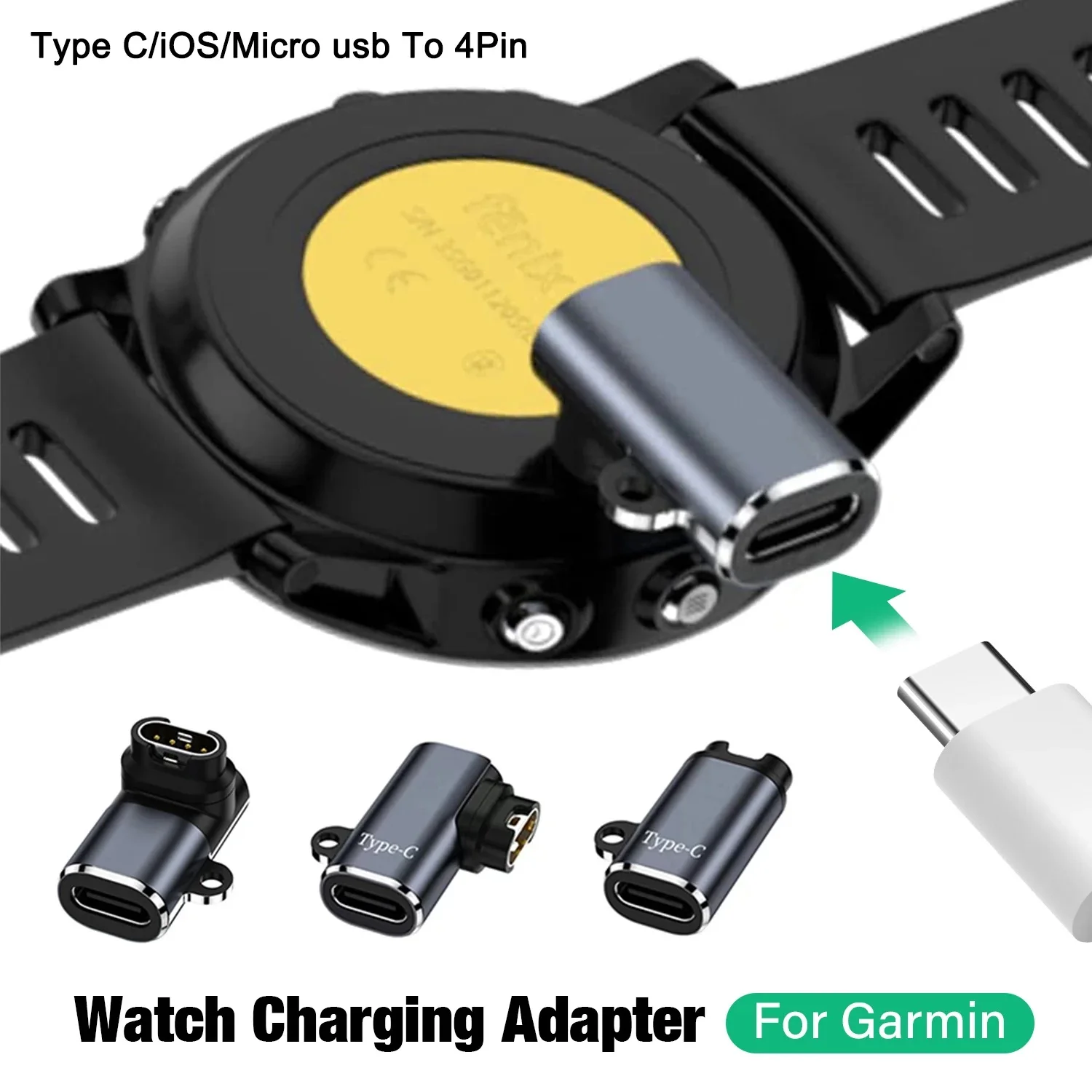 Type C/Micro/IOS USB to 4pin Charger Adapter Connector for Garmin Fenix 7/6/5/7X/6X/5X/ Venu 2 plus Watch Charging Converter