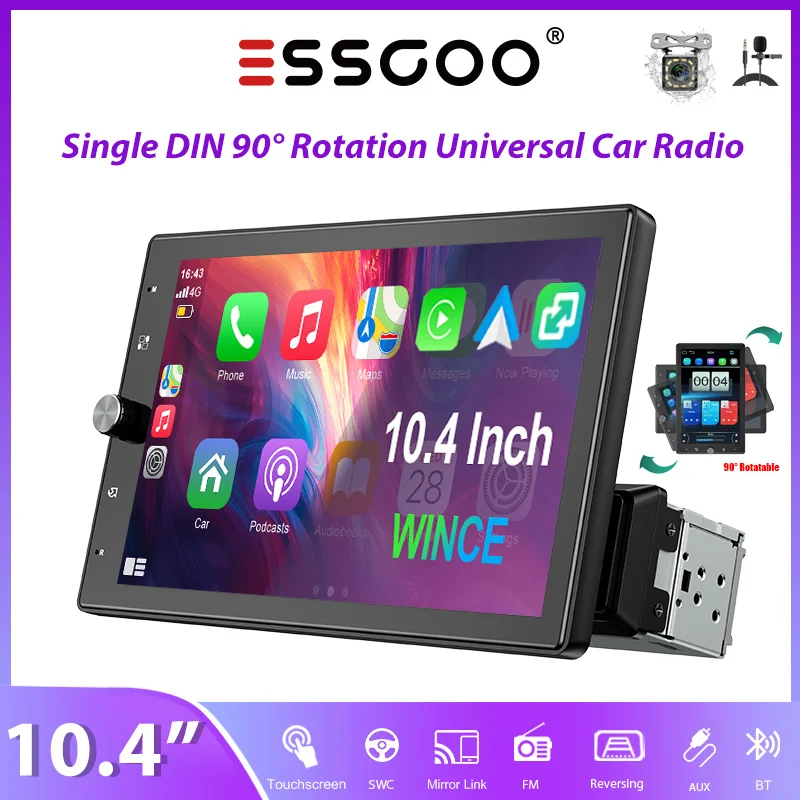 ESSGOO Radio Estéreo para Auto de 10.4 Pulgadas con Sistema WINCE 1DIN, Carplay Inalámbrico 90 ° Pantalla Táctil IPS Giratoria con Perilla, Android Auto, FM, USB, AUX, BT, SWC