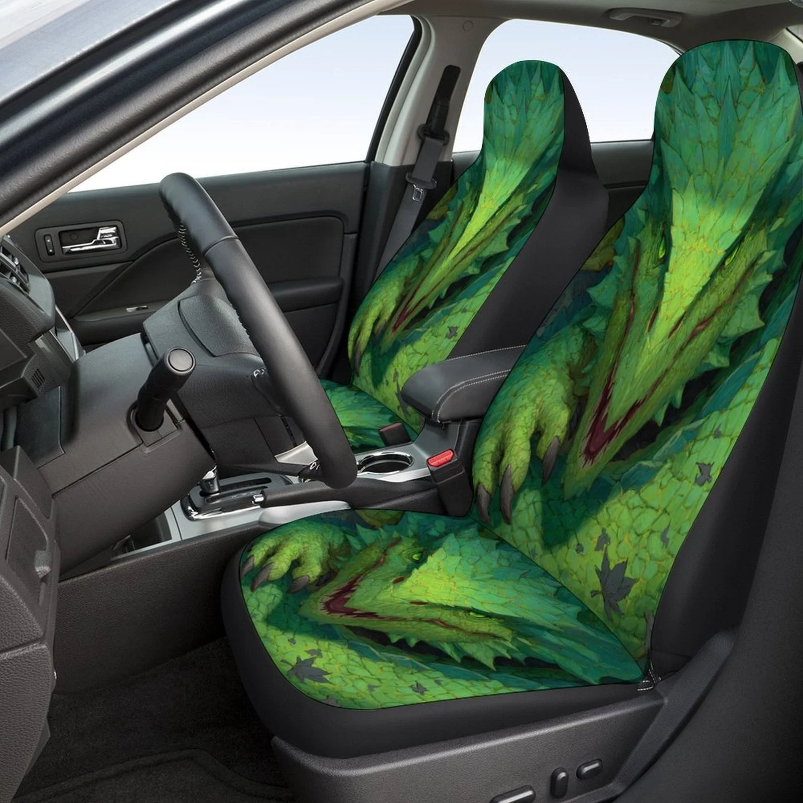 Green Dragon Portrait Themed Car Seat Cover Set For Most Cars, Fashionable Novelty Car Seat Protector Covers Full Set, Car Seat