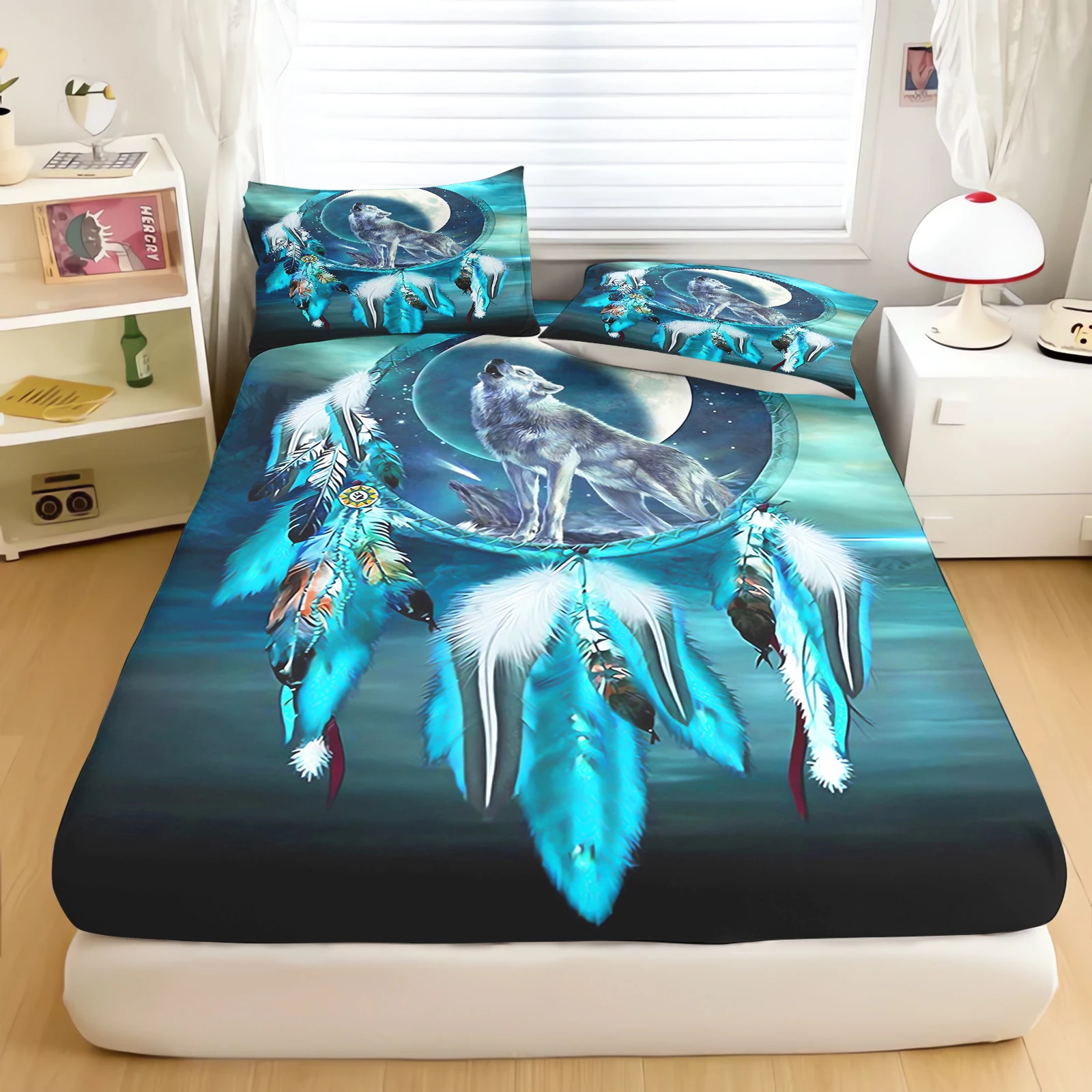 3D Galaxy Dreamcatcher Wolf Howling at Moon Couple Bedding Set Duvet Cover Pillowcase Bedroom Home Decor
