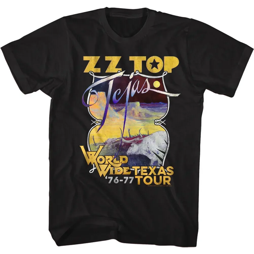 

ZZ Top Mens T-Shirt New 76-77 Tejas Texas Tour Design Official Black Cotton