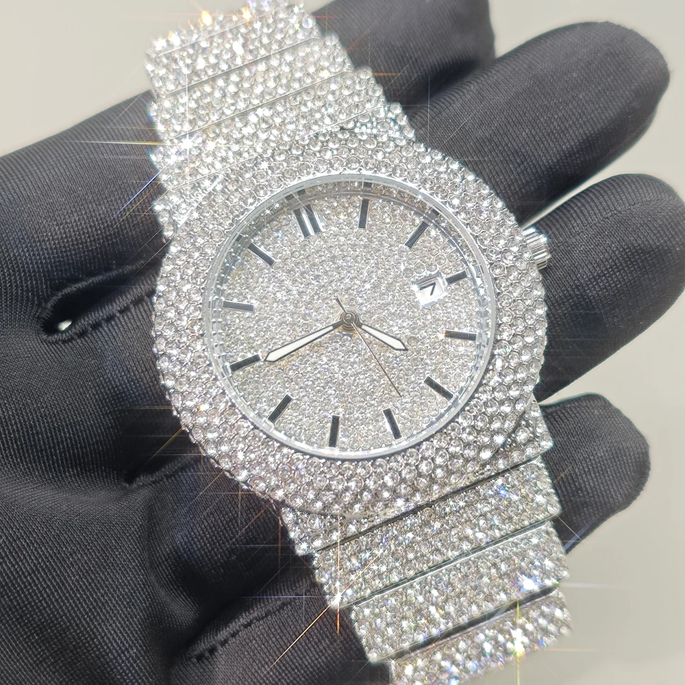 

Hot New Luxury Watches For Men Full Diamond Iced Hip Hop Stylish Quartz Watch For Male Waterproof Calendar Men's Wristwatches