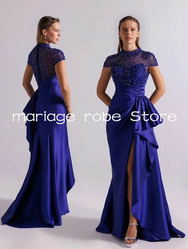 Fuchsia Lange Avond Formele Jurken Hoge Split Sparkly Crystal Hoge Hals Kapmouw Aangepaste kenzelabiye Galajurk