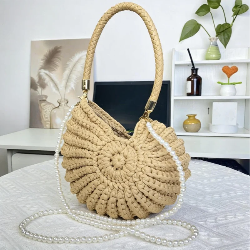 

Handmade Woven Women's Seashell Bag Novel Perfect For The Beach Cute Small Handbag Crossbody Bag Shoulder Bag Pearl Chain Strap