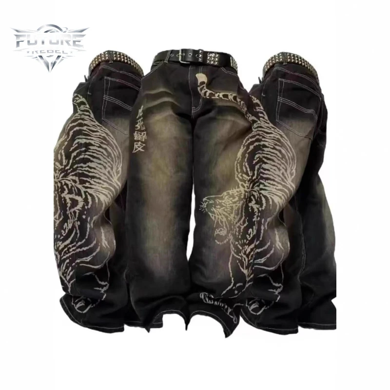 

Мужские джинсы Y2K в стиле готика и стритвир, прямые свободные брюки в американском стиле, темно-синие, повседневные, модные, в стиле Харадзюку и хип-хоп