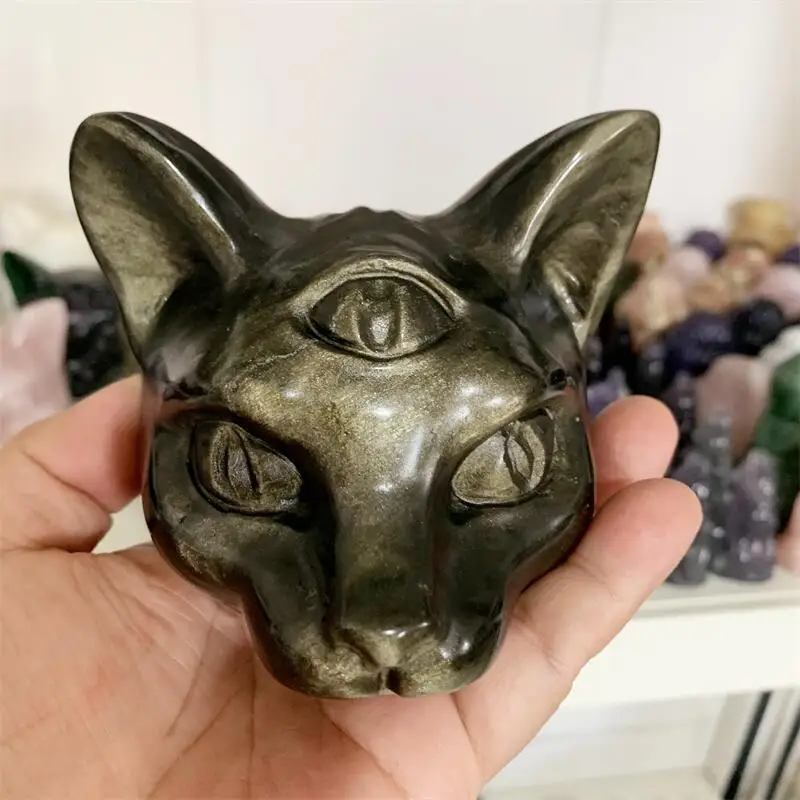 8.5CM Natural Golden Obsidian Cartoon Cat Head Carving Reiki Crystals And Stones Healing Home Decoration Accessories 1PCS