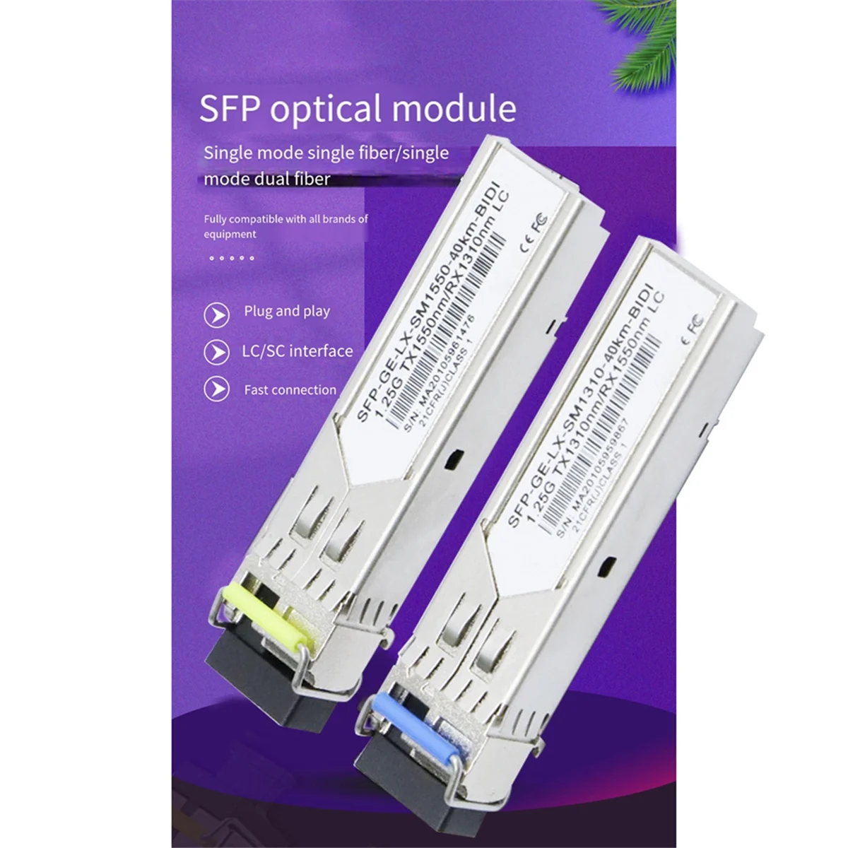 1 pasang modul SFP serat Gigabit 1.25G Mode tunggal 40km LC 1310nm/1550nm kompatibel dengan beberapa jenis saklar