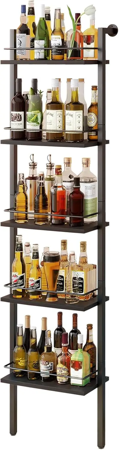 

5-ярусная напольная винная полка с ограждениями, настенная полка для кухни и столовой, черная