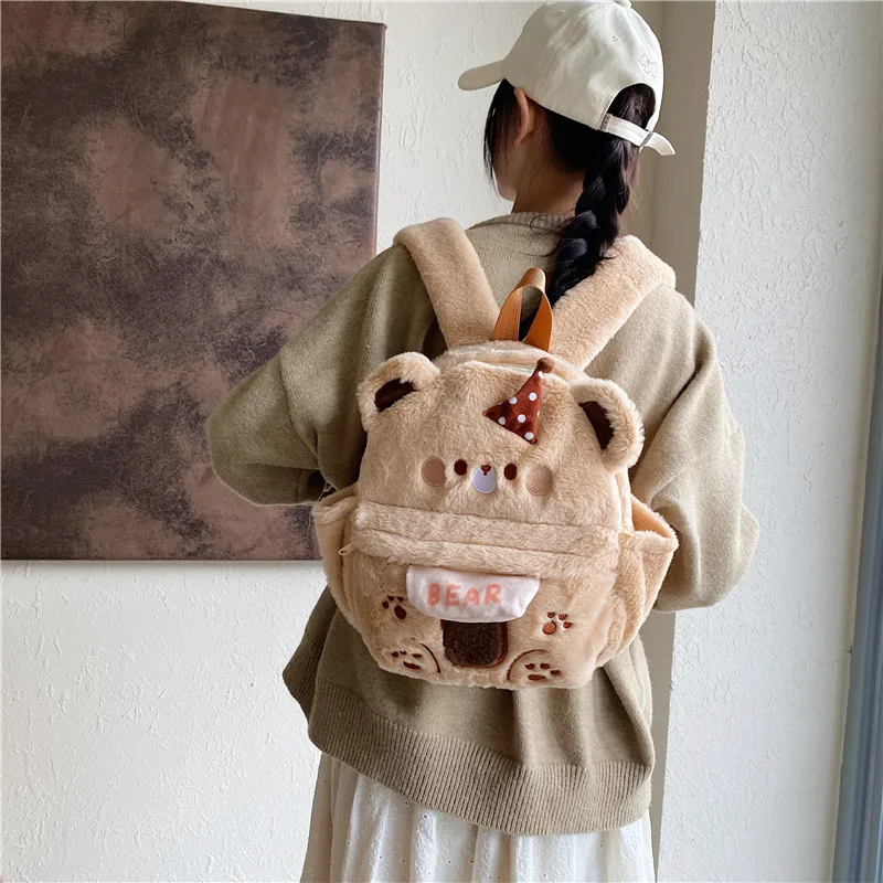 Khaki Plush Backpack Girls Korean Cute Bear Muilt Pocket Rucksack Women Embroidery Shoulder Bag College Style Student Schoolbag