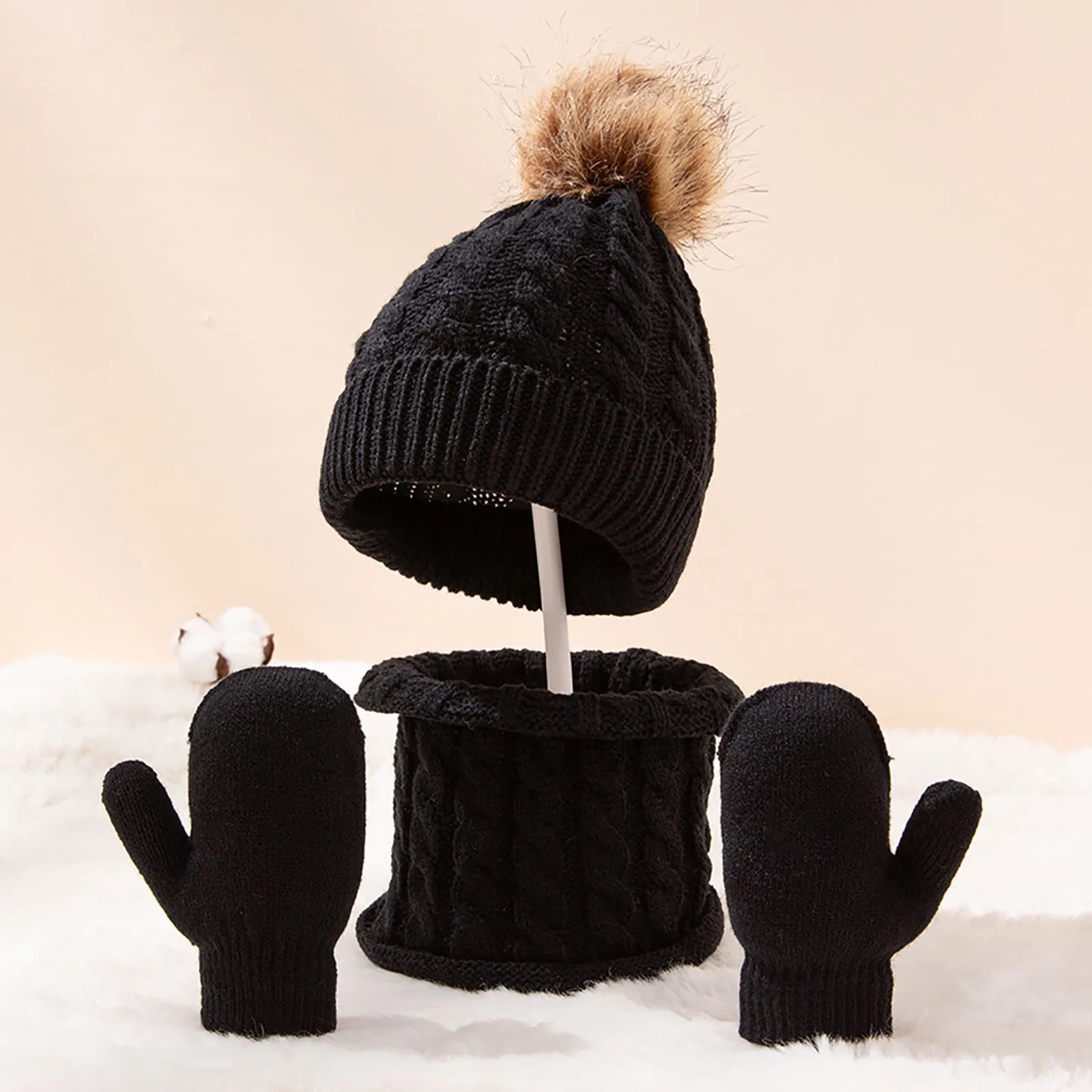 New Winter Hat Scarf Gloves Set for Kids 0-3 Years Boys Girls Children Cotton Warm Pom Poms Hat Sets Solid Color Cute Hat+Scarf