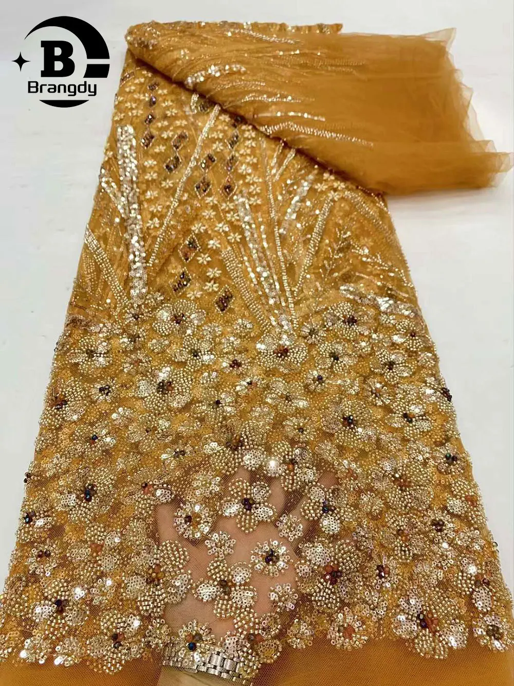 Brangdy 2024 Latest African Beaded Lace Fabric Gold Embroidery French Mesh Sequins Lace Fabric Nigerian Tulle Lace For Party