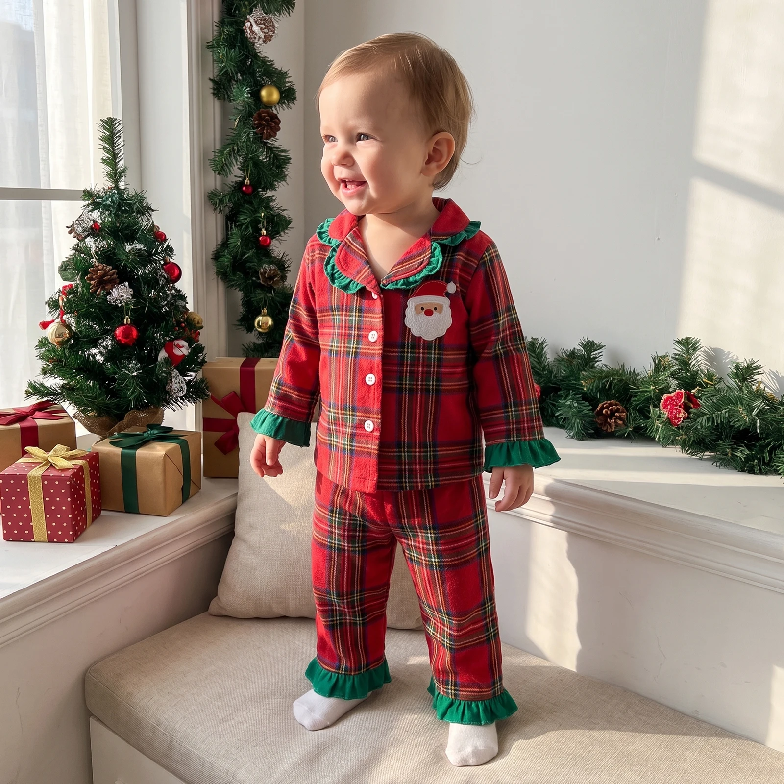Fashion Children Kids Girls Christmas Clothes Sets Santa Claus Ruffles Long Sleeve Lapel Plaid Shirts Pants Xmas Party Outfits