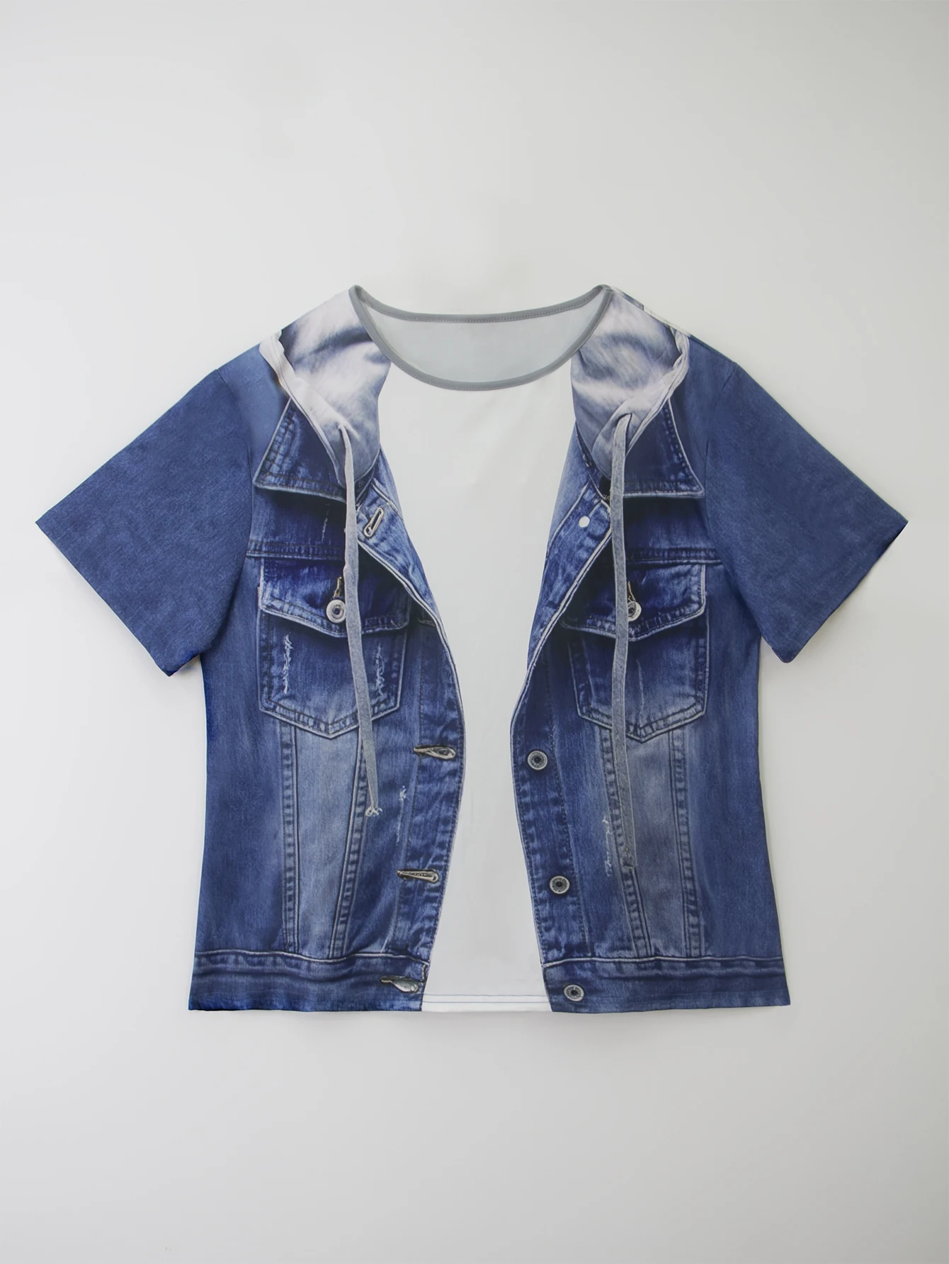 تي شيرت نسائي مقاس كبير من قماش الدنيم المقلد كاجوال بأكمام قصيرة ورقبة دائرية على الطراز الغربي من قماش الدنيم متعدد الاستخدامات ومريح #5