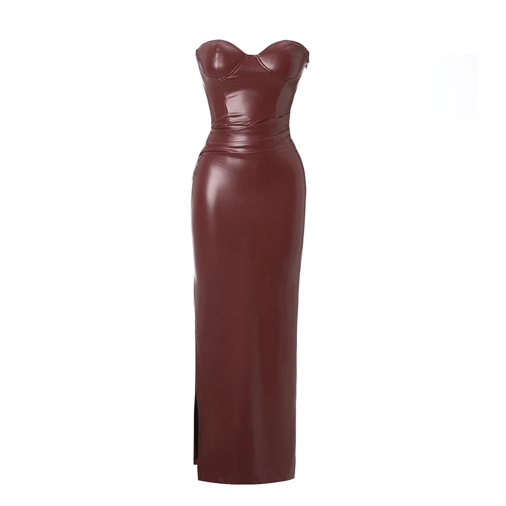 Suninheart Autumn Strapless Party Dresses 2024 New Arrivals Wine PU Corset  Dress Sexy Midi Bodycon Night Event Dress Women