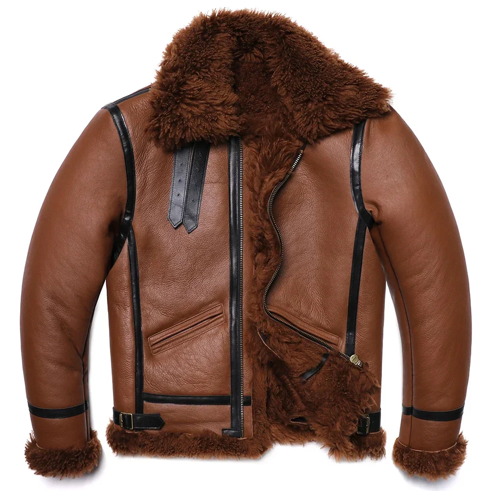 New Brown Thick Sheep Shearling Wool Leather Jacket Original Ecological Fur Genuine Sheepskin Male Warm Coats Flight Jackets