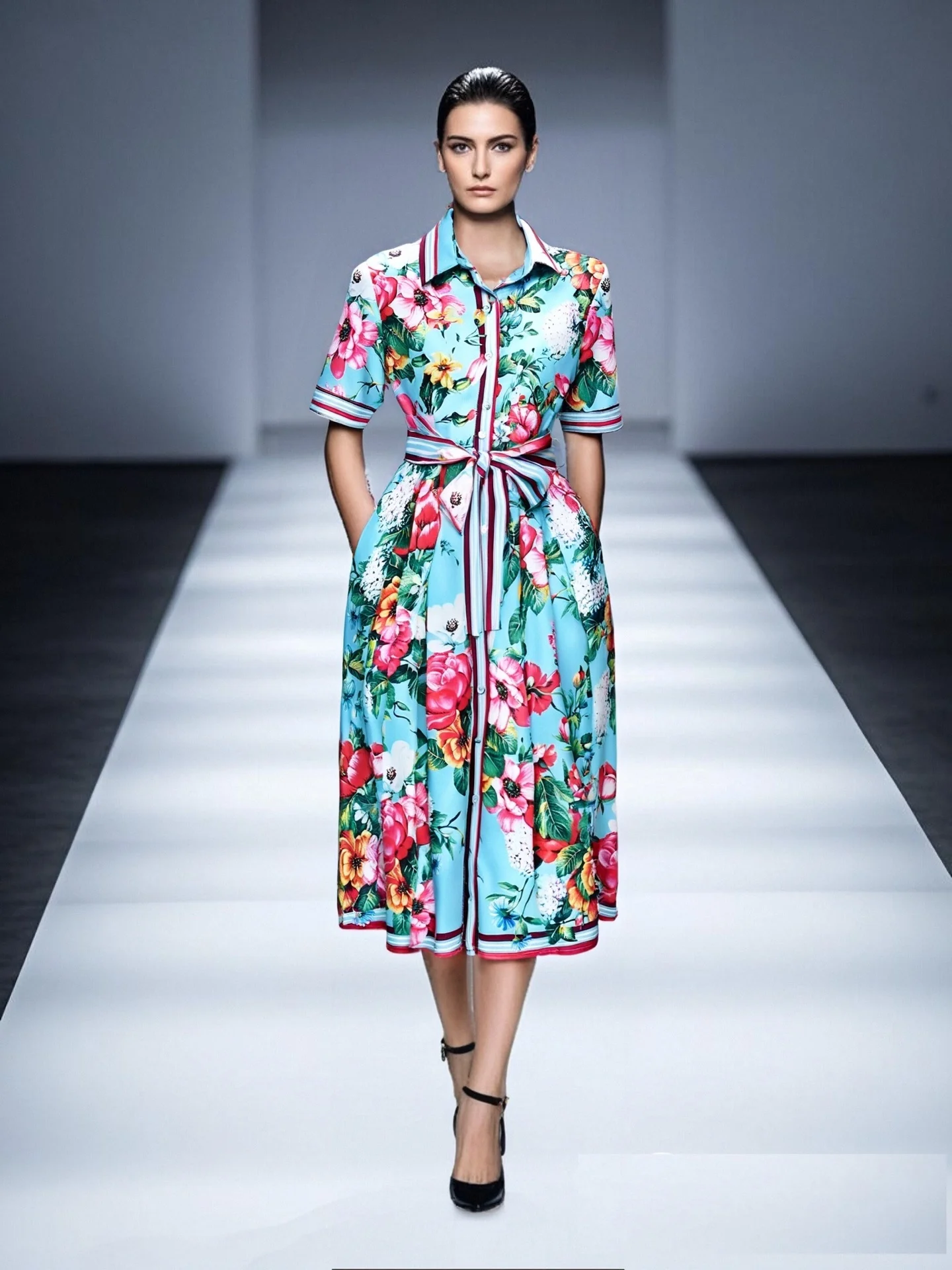 فستان قميص نسائي صيفي مطبوع عليه زهور من ZJYT بأكمام قصيرة برباط علوي ميدي غير رسمي موضة 2021 ملابس نسائية جديدة