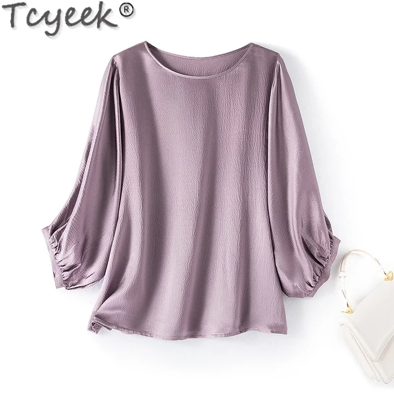 Tcyeek 100% Mulberry Silk T-shirts for Women 2024 Black Top Elegant Female Blouses Summer Clothes Ladies Tops Casual Топ Женский