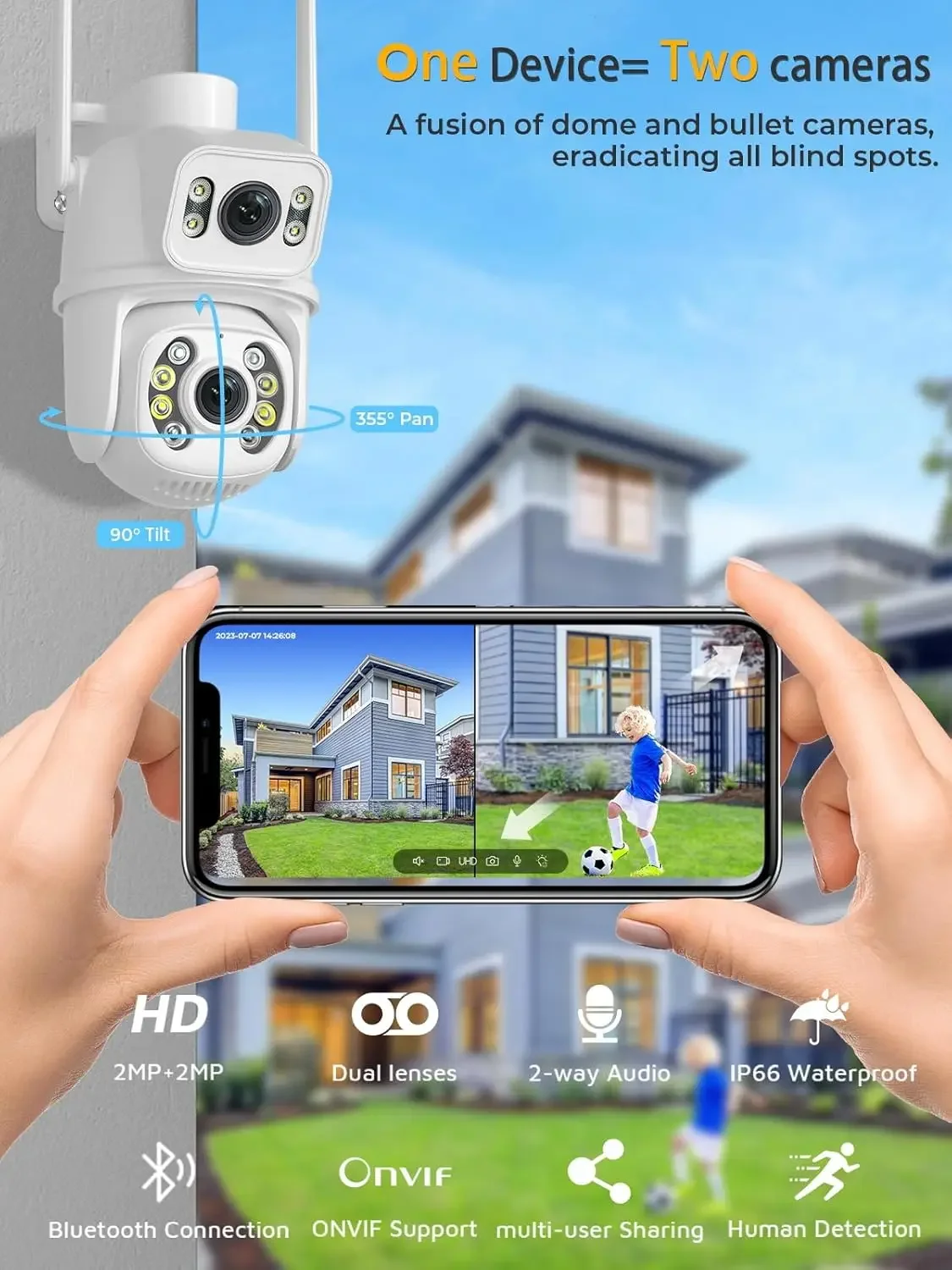 كاميرا مراقبة لاسلكية PTZ بعدسة مزدوجة خارجية 2.4G واي فاي كاميرا عموم إمالة تتبع تلقائي كشف الإنسان كاميرات المراقبة iCSee