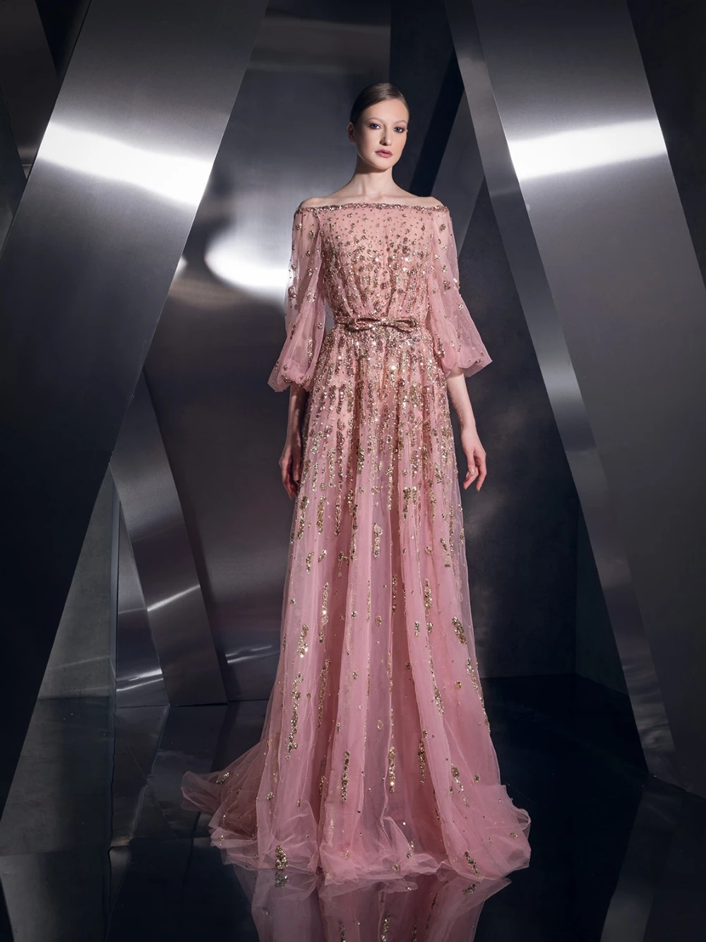 Golden Sequin Embroidered Luxe Evening Dress Delicate Off-the-shoulder Customized Women Prom Gown Classic A Line Party Wear