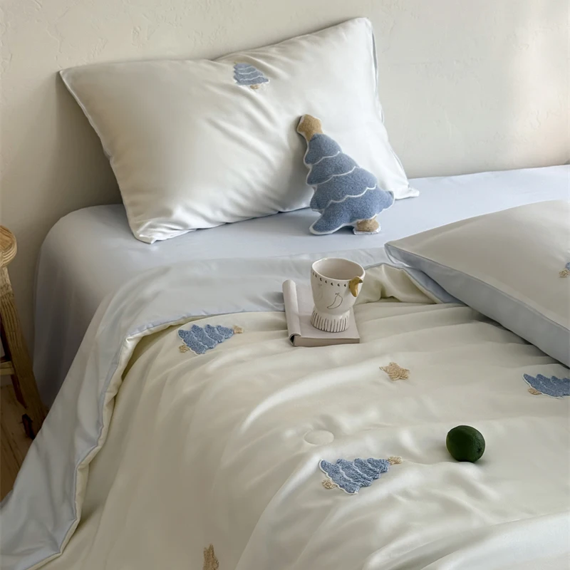 60S Lenzing Tencel Embroidered Tree Summer Cooling Quilt Set Towel Stitch AC Thin Blanket 4Pcs Bedding