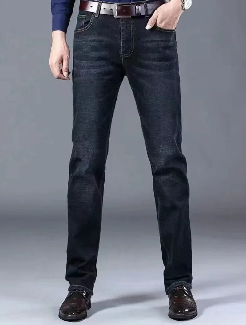 

Осенние классические мужские приталенные эластичные джинсы, деловые повседневные хлопковые джинсовые прямые брюки, мужские черные, синие брюки