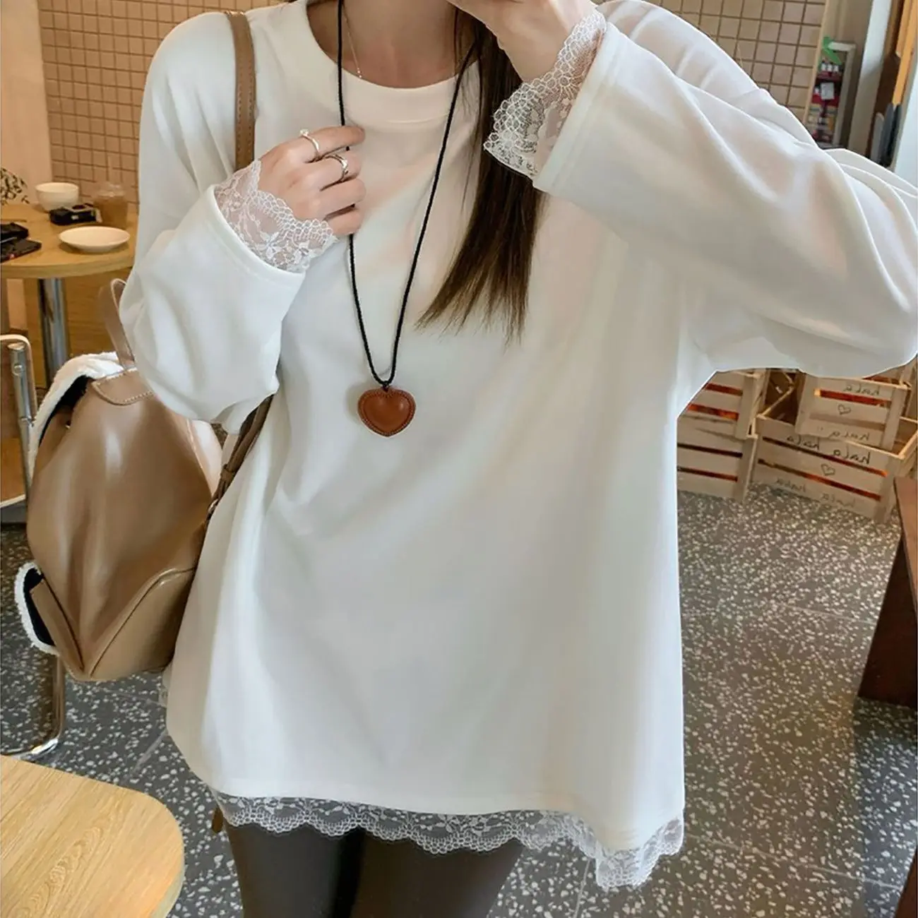 White Lace Splice Long Sleeve T-Shirt Women's Autumn Winter Inner Wear Outer Wear Loose Base Shirt Korean Style Velvet Napped...