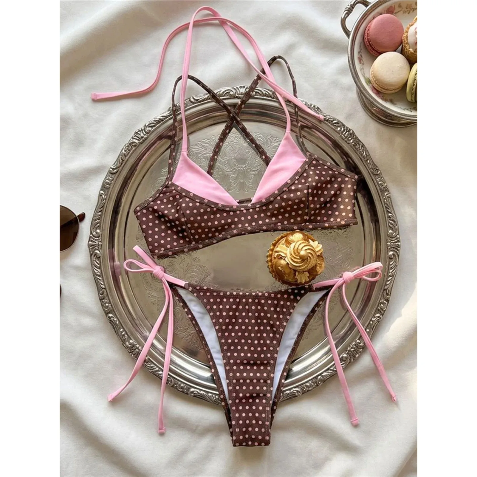Biquíni Feminino Sexy com Poás e Detalhes em Couro PU, Estilo Halter, Tamanhos XS-L, Estilo Cleanfit, Tecido de Couro PU com ...