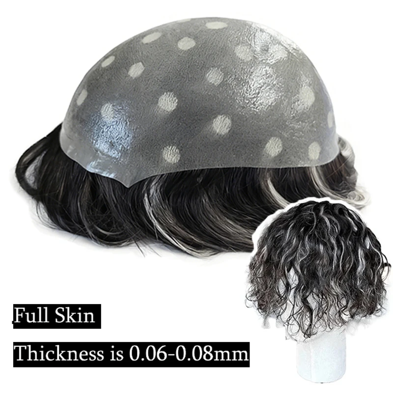 

White Highlighted 0.06-0.08mm PU With Double Knotted Fashion Toupee Men Natural Hairline 100% Human Hair Hair System 6" Unit