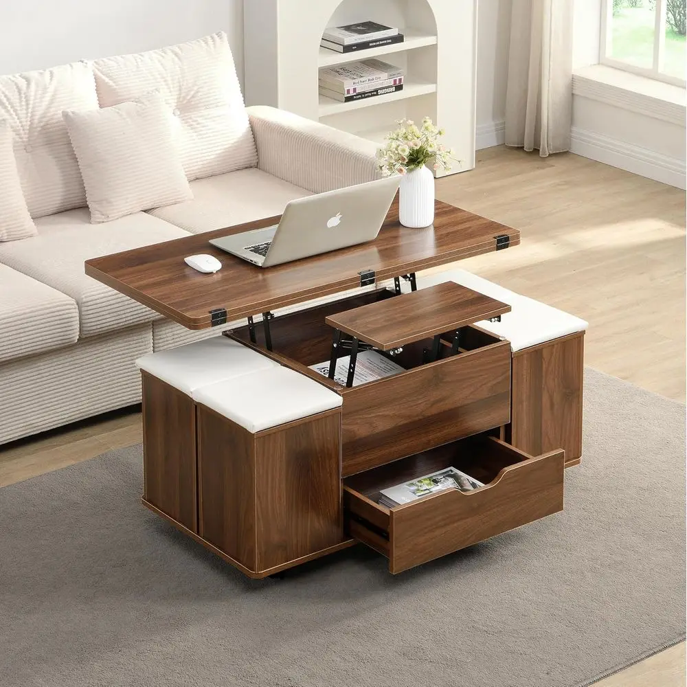 

Storage-Savvy Walnut & White Coffee Table with Lift-Top and 4 Stowaway Stools for Contemporary Living
