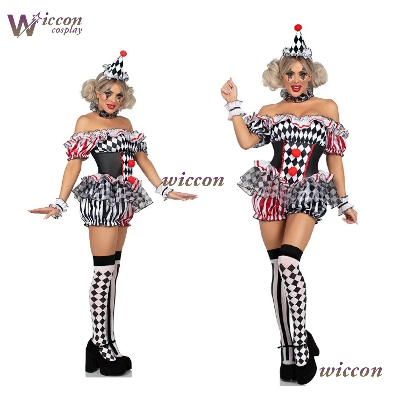 Women Clown Cosplay Costume Circus Performance Outfit RolePlay Uniform Halloween Party Carnival Jester Dress Theater Stage Suit‌