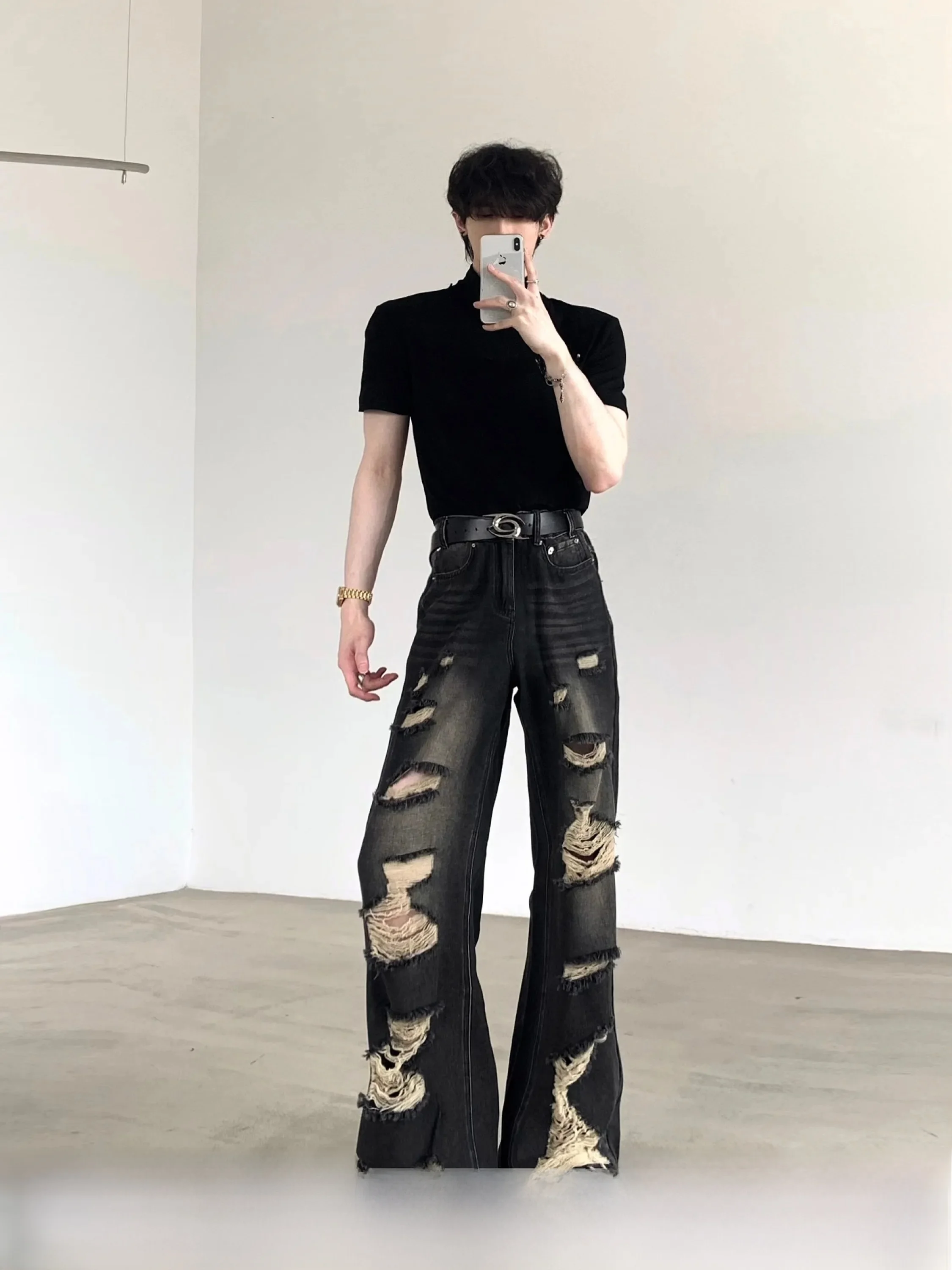 

Retro High Street Men's Denim Jeans Autumn Mountain Wind Torn Wide Leg Pants Visual Draping Vintage Design Sense Casual Jeans
