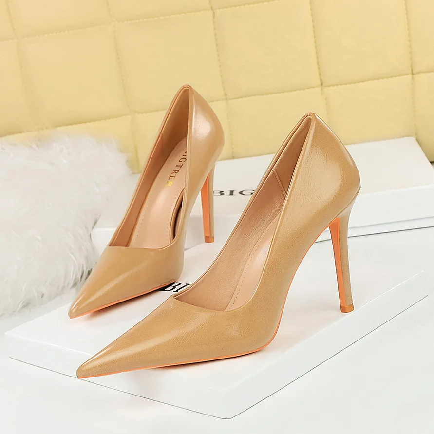 

BIGTREE Shiny Patent Leather High Heels Women Lady Office Professional Fetish Pumps 10cm Stiletto Green camel