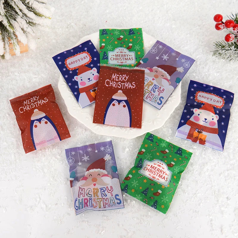 100pcs Christmas Candy Bags Cartoon Santa Claus Snowman Hot Seal Bags Biscuits Snack Cookie Packing Pouch Christmas Decorations