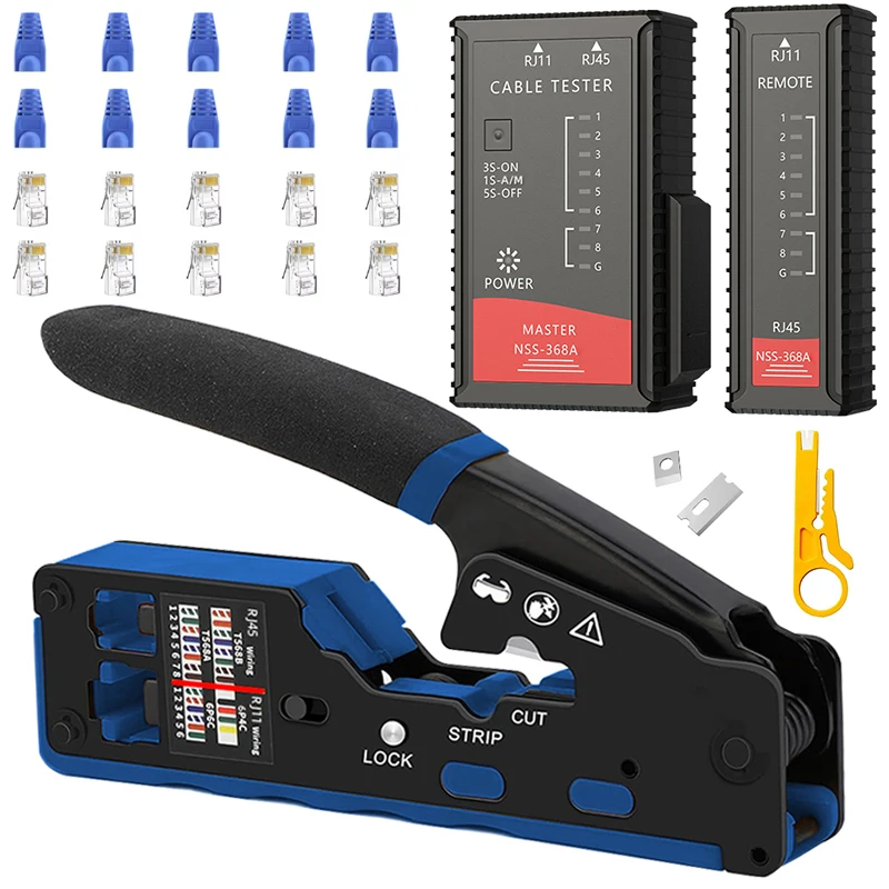RJ45 RJ11 Crimp Tool Kit Pass Through Cat6 Crimping Tool For Cat5 Cat5e Cat6 8P6P Connector, All-in-one Ethernet Crimper