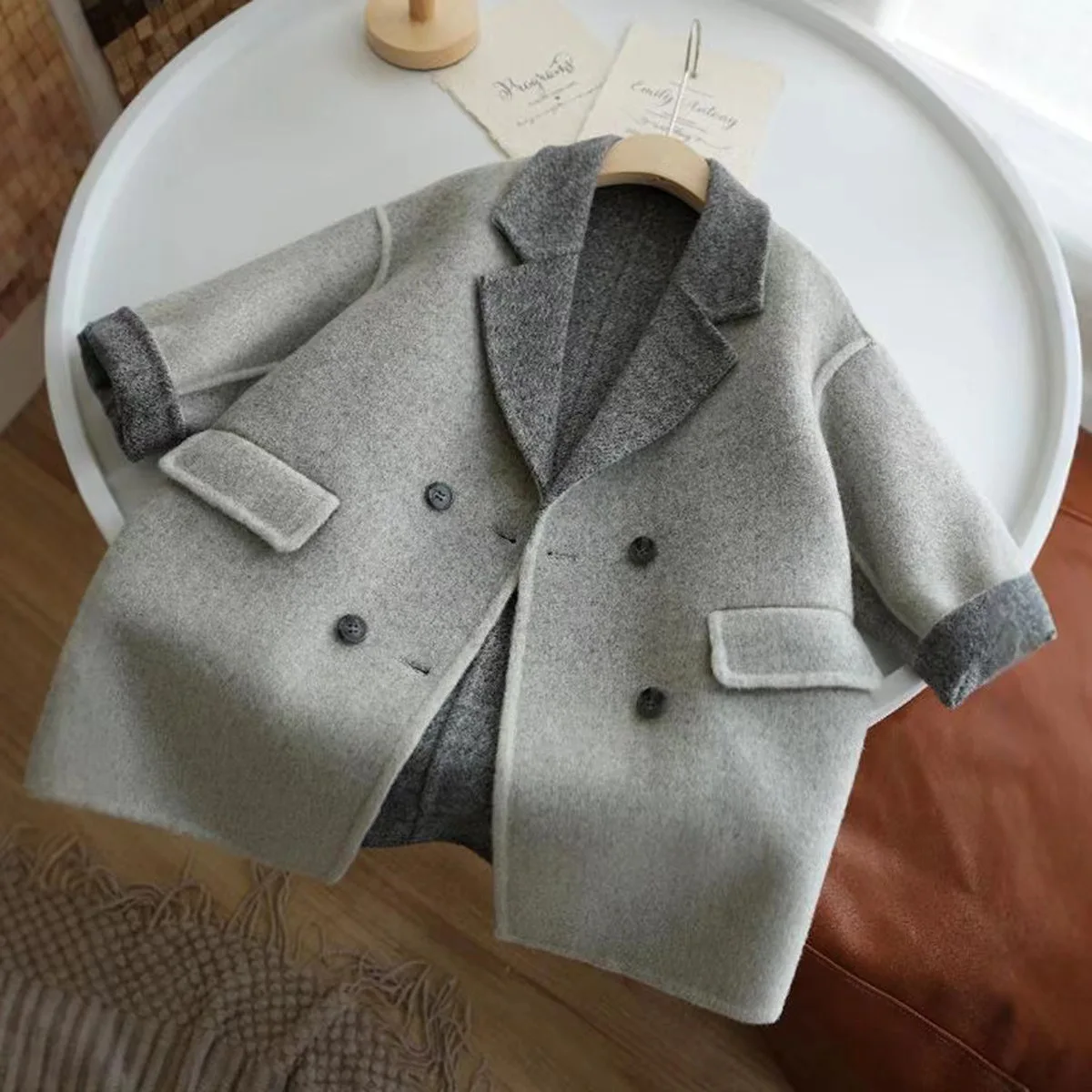 

Children's Autumn and Winter Gray Double-sided Imitation Cashmere Coat for Boys with Color Combination and Thickened Woolen Coat